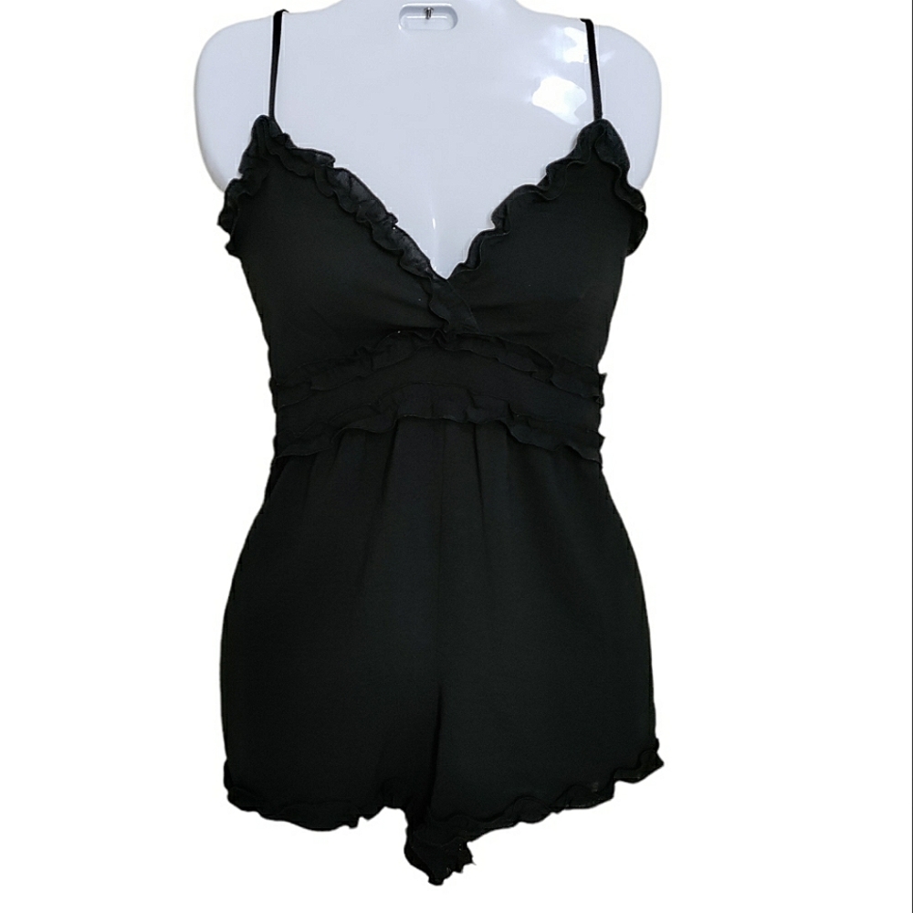 Fashion Nova Black Sheer V-Neck Spaghetti Strap Ruffle Romper